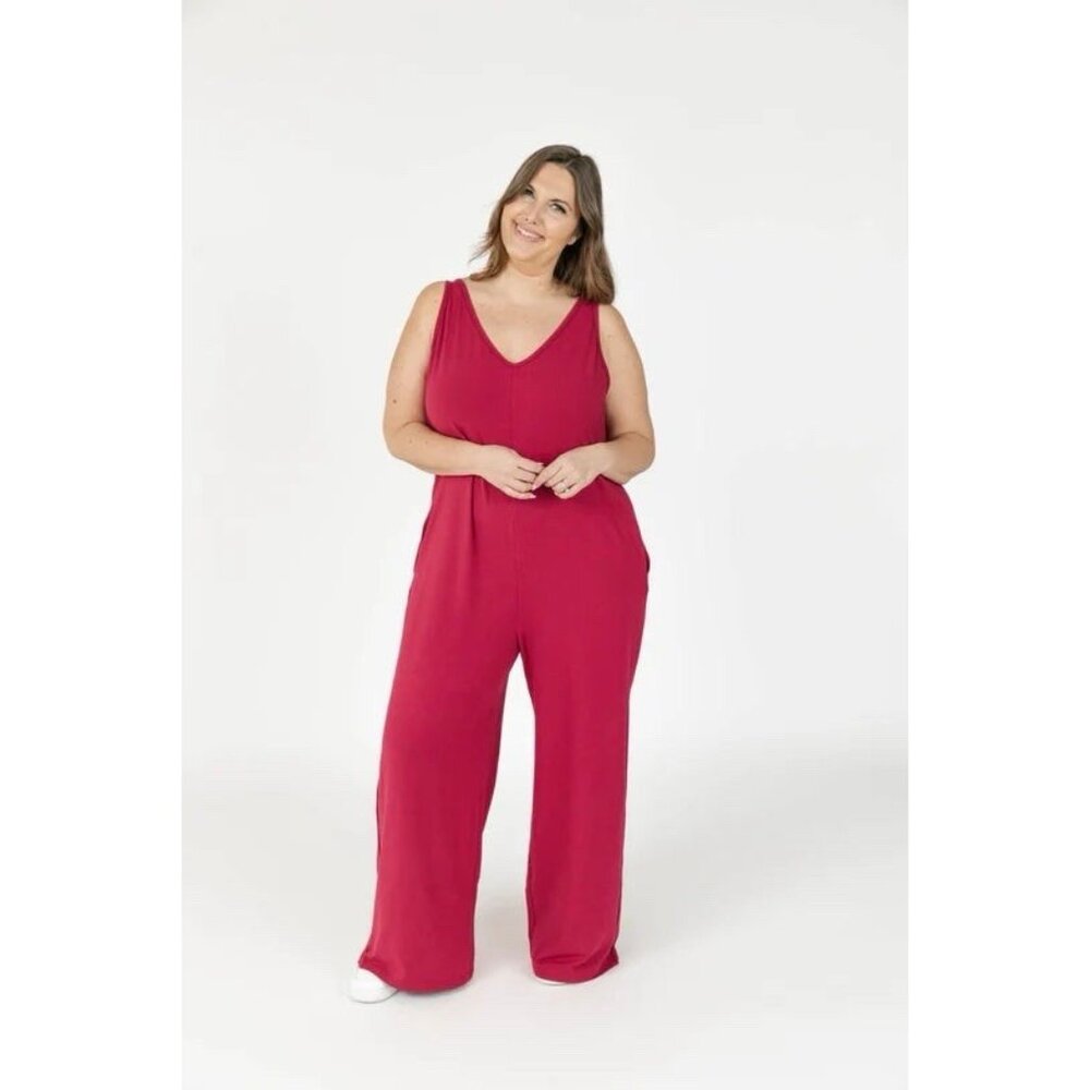 Smash + Tess Sleeveless V-Neck Wide-Leg Jumpsuit in Raspberry Red